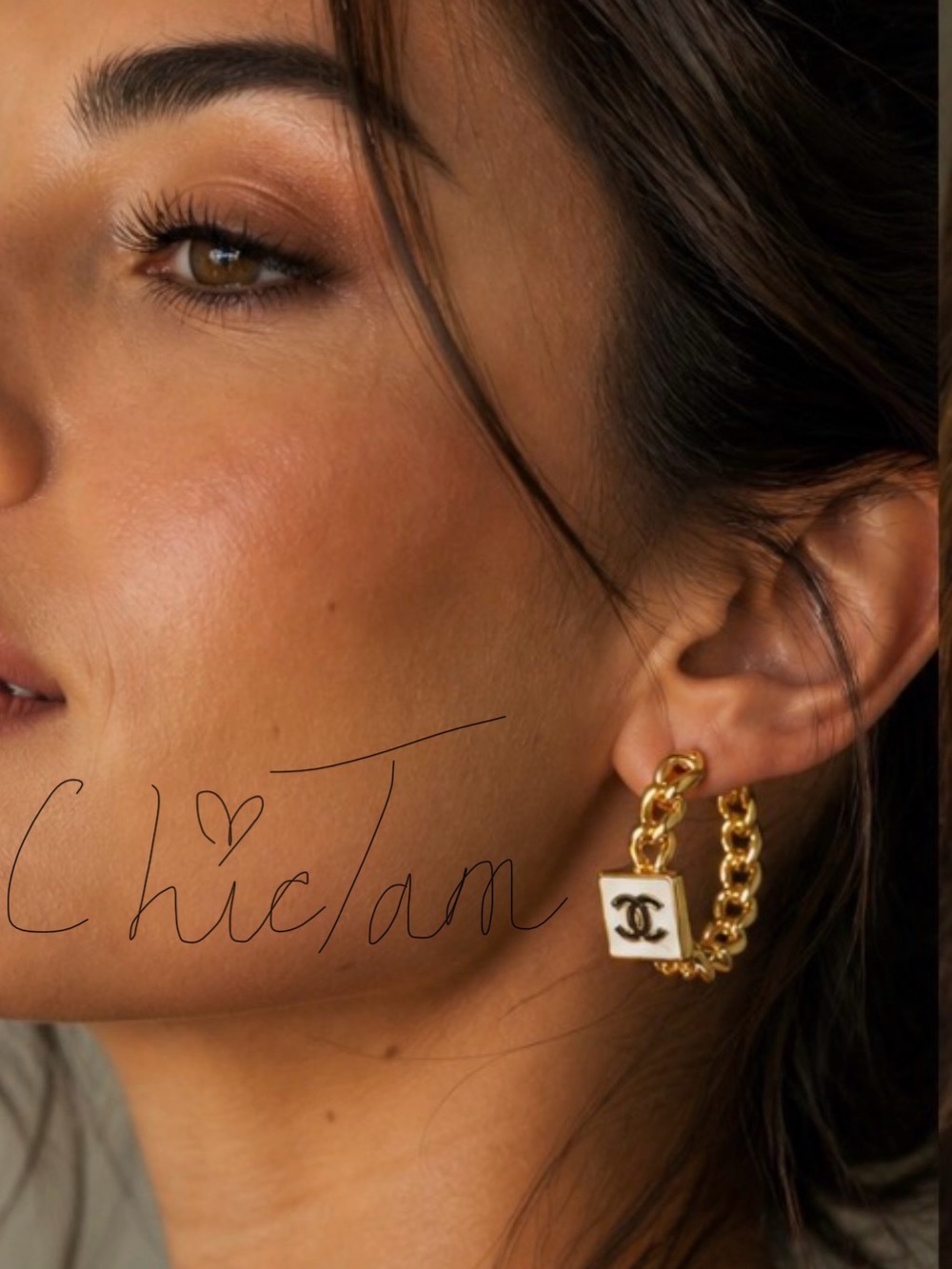 High Fashion Gold Hoop Earrings with White Logo Cube Charm